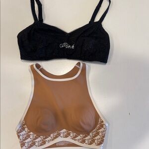 PINK Victoria's Secret Black Lace Bralette and Brown Sports Bra